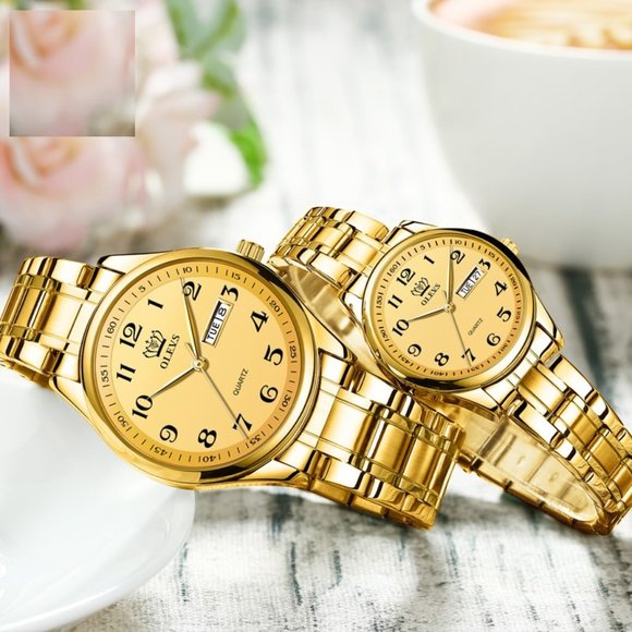 Couple Watches Stainless Steel Golden Waterproof - Picture 1 of 9